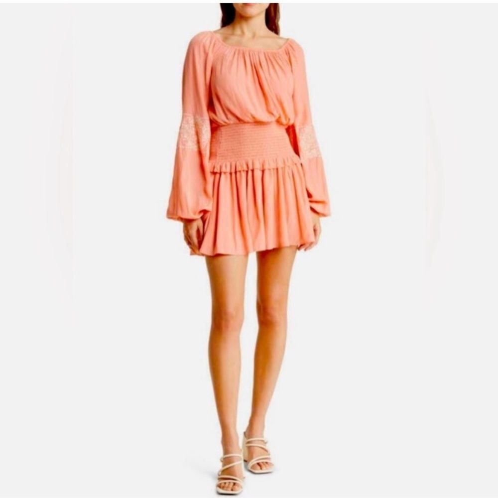 Ramy Brook Marianne Smock Waist Long Sleeve  Mini Dress Deco Rose Size XS